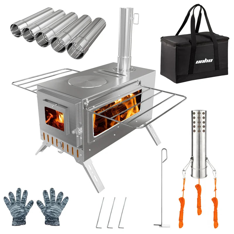 Portable Wood Burning Stove with Chimney Pipes for Camping & Outdoor Heating