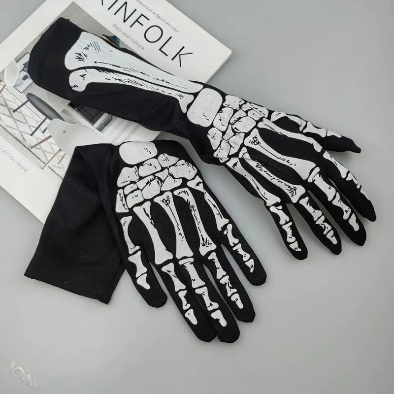 Halloween Skeleton Gloves - Dark Skeleton Pattern, Long Costume Gloves for Party & Cosplay