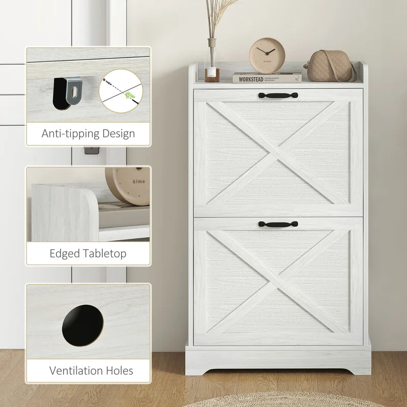 Farmhouse Style Shoe Cabinet with 2 Flip Drawers and Adjustable Shelves, Distressed White Entryway Storage