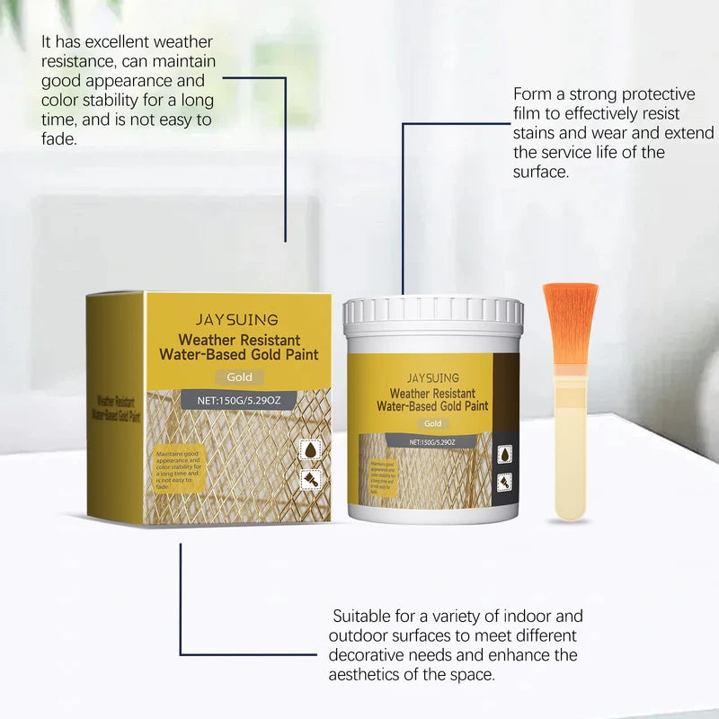 Gold Metallic Paint Set with Brush for Faux Gold Decorations on Metal, Wood, Wall, Fence & Furniture