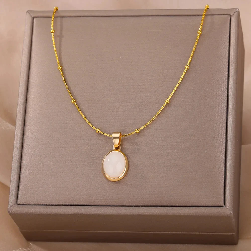 Oval Opal Necklace for Women - Stainless Steel Pendant Jewelry Gift