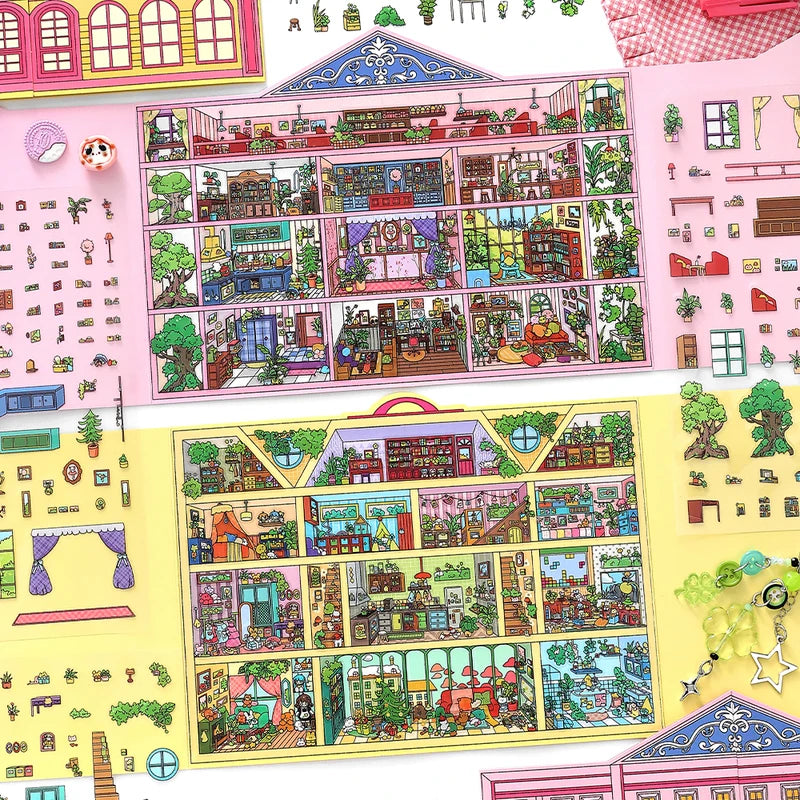 Kawaii Doll Apartment 3D Pink Hotel Landscape Sticker DIY Scene Kids Gift