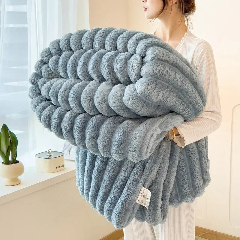 Luxury Solid Color Rabbit Velvet Blanket - Thick Warm Flannel for Bedroom & Living Room