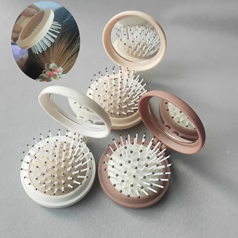 Portable Folding Makeup Mirror with Air Cushion Massage Comb for Travel