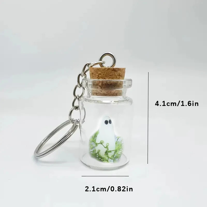Glow-in-the-Dark Ghost Keychain with Glass Bottle Pendant - Halloween Jewelry Gift