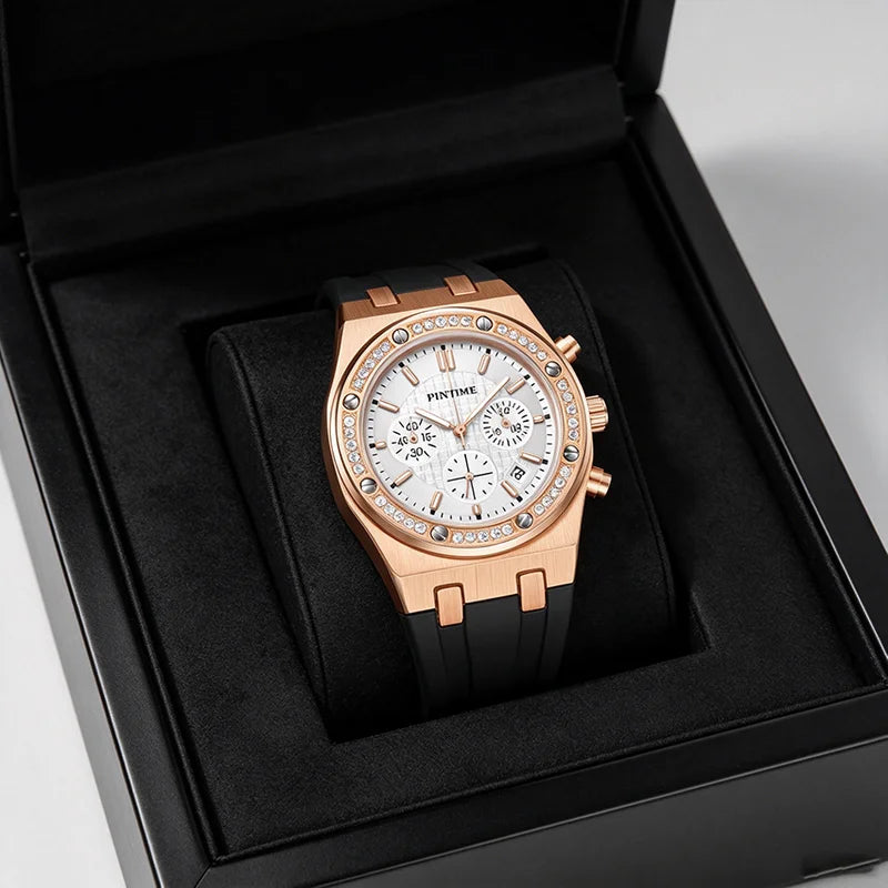 Men's Waterproof Quartz Sport Watch with Silicone Band and Diamond Iced Bezel
