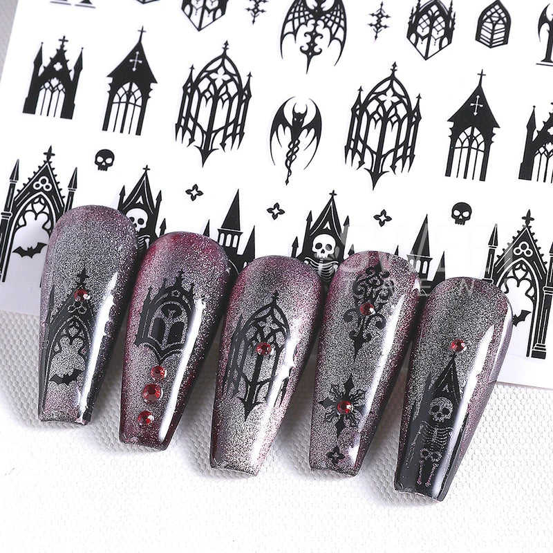 Halloween Gothic Nail Stickers 3D Letter Lace Skull Castle Manicure Decor