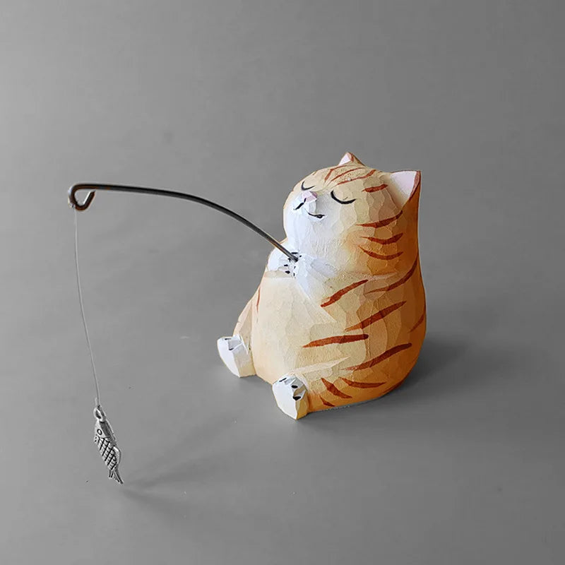 Handmade Wooden Cat Figurine - Cute Desk Decor, Animal Sculpture Gift