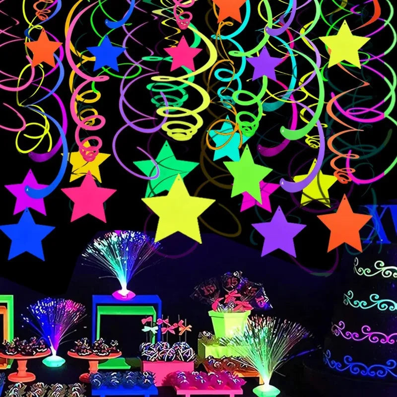 20pcs Luminous Neon Streamers and Hanging Swirl Garland for Neon Party Decor