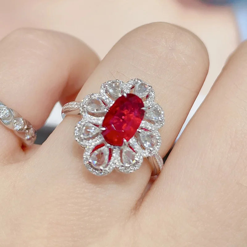 Luxury Red Oval Gemstone Ring with Diamond Zircon in Sterling Silver for Special Occasions
