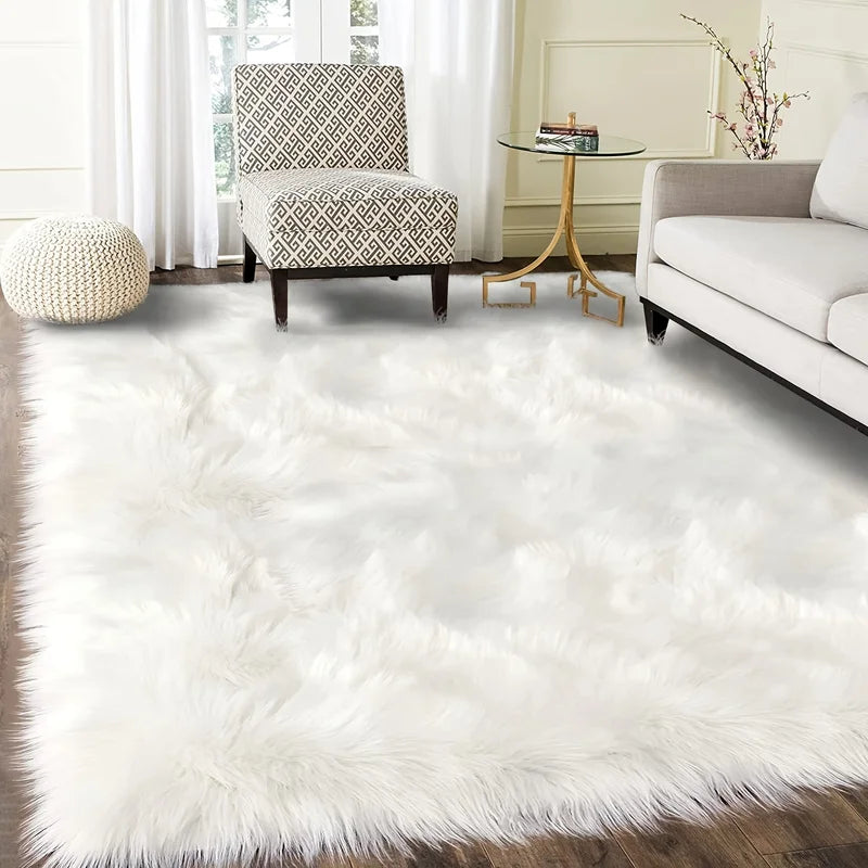 Faux Fur Sheepskin Rug - Fluffy Rectangular Area Rug for Living Room & Bedroom