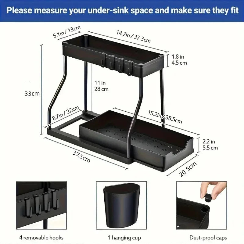 Kitchen Sink Lower Storage Rack Double Pull-Out Countertop Organizer