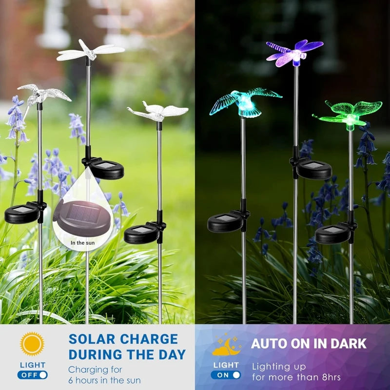 Solar Garden Stake Lights 3 Pack - Butterfly, Hummingbird & Dragonfly Outdoor Decor