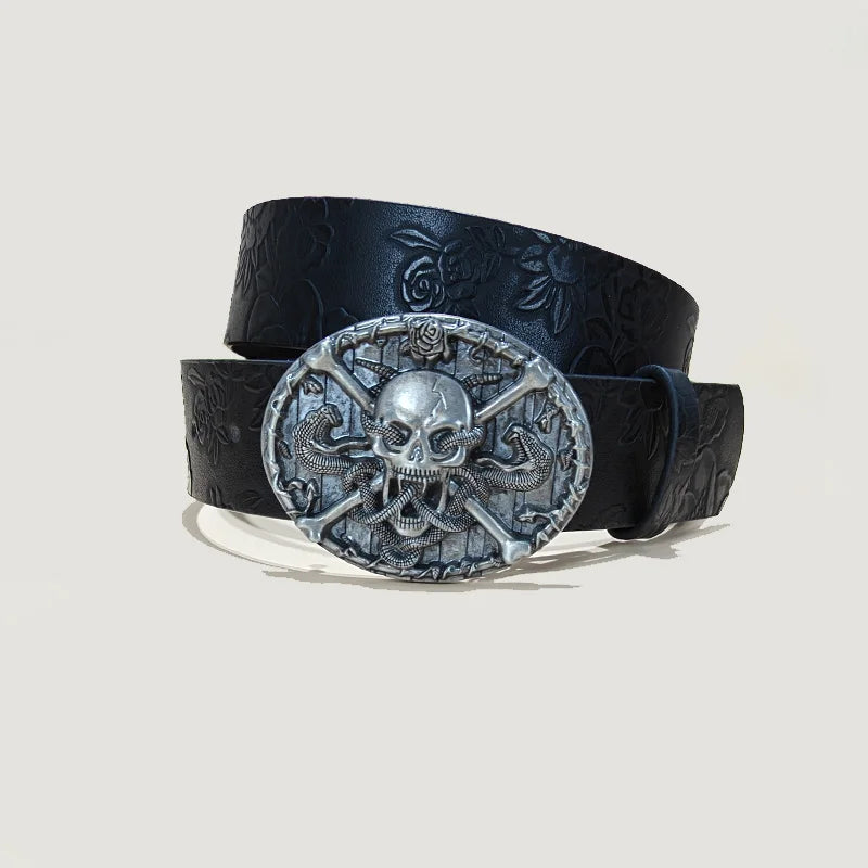 Unisex Punk Skull Leather Belt with Skeleton Hand Embossed Design for Gothic Halloween Accessories