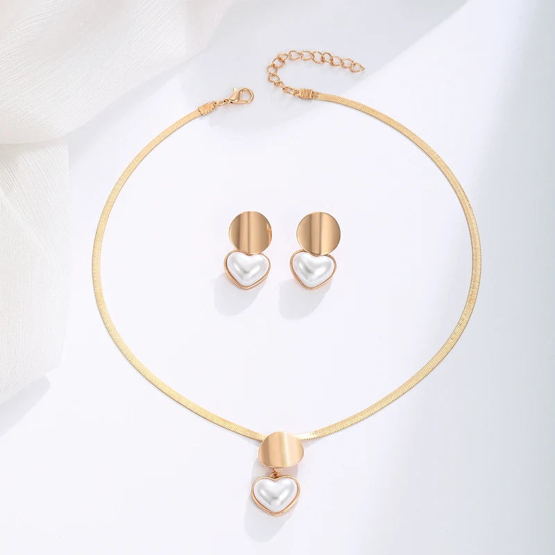 Heart Shaped Pearl Jewelry Set for Women - Earrings and Necklace