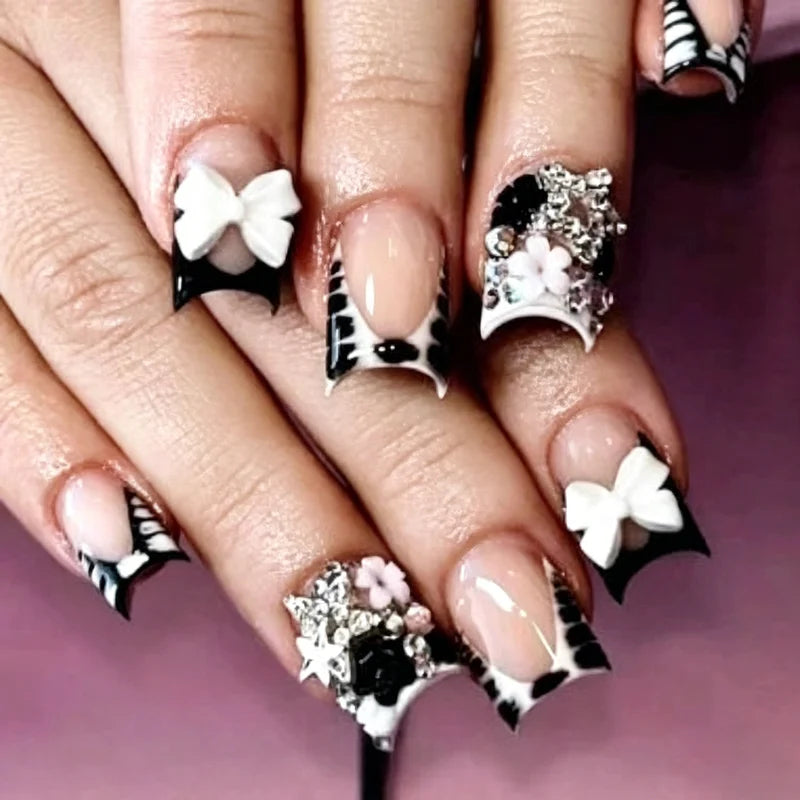 24pcs French Leopard Nail Set with 3D Bowknot & Rhinestone Stars - False Nails for Manicure