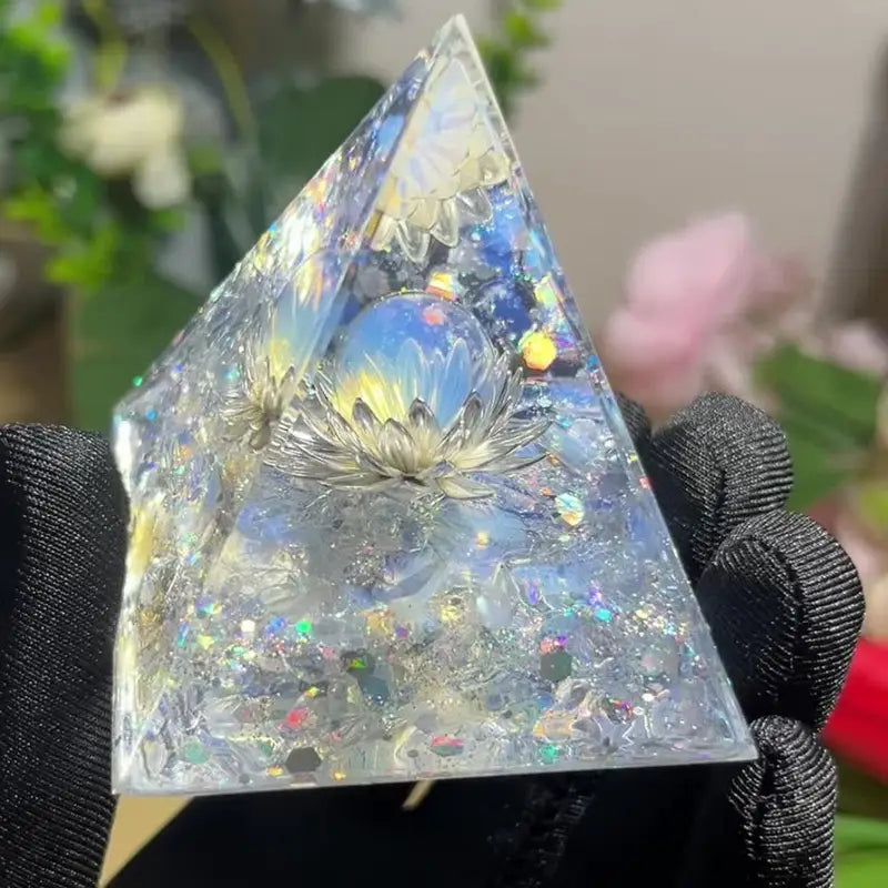 Decorative White Lotus Flower Opal Pyramid for Home Interior Energy & Decor