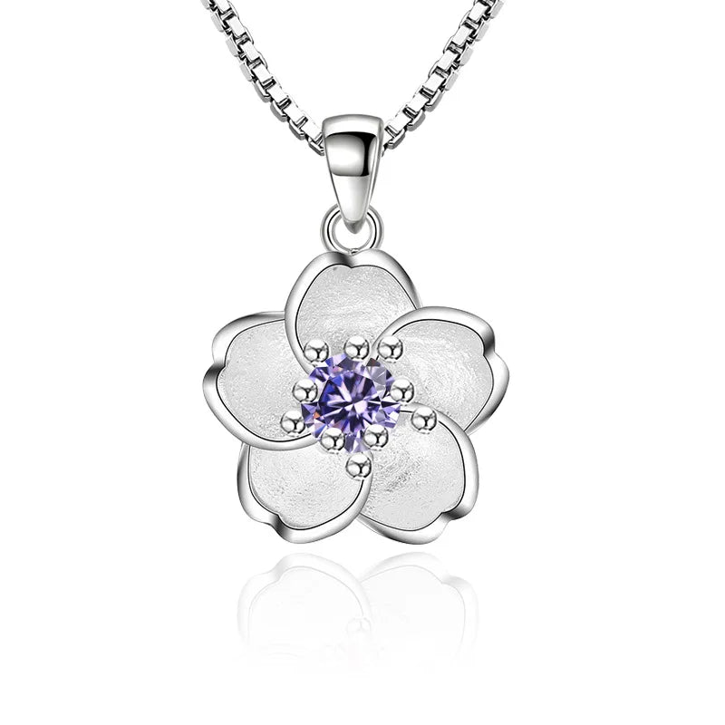 Sterling Silver Pink Purple Peach Blossom Necklace for Women Luxury Jewelry