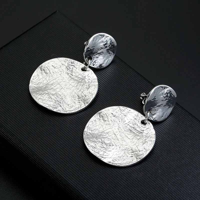 Vintage Metal Textured Round Disc Earrings - Geometric Statement Clip-Ons