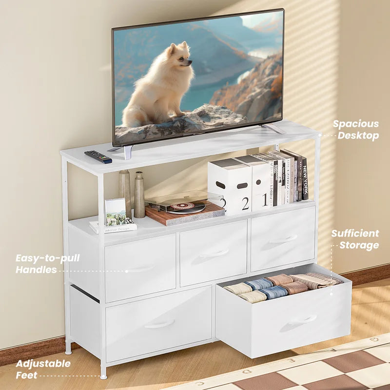 MCQ TV Stand Dresser with Fabric Storage Drawers - Compact Media Console for Bedroom Living Room or Dorm