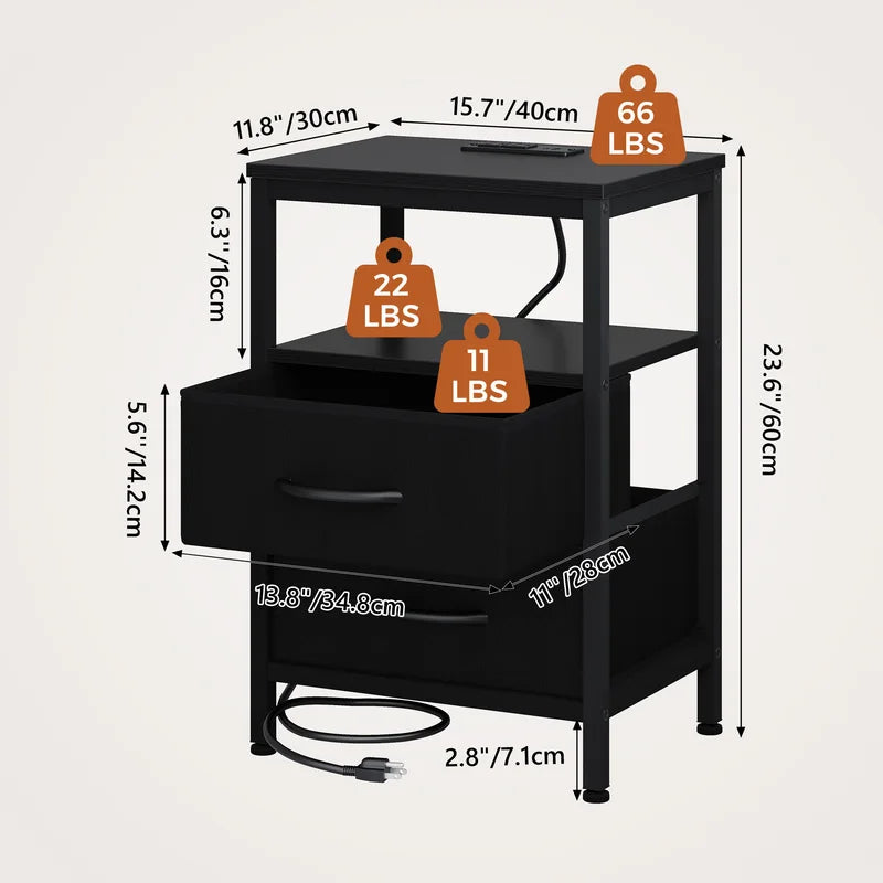 Fabric Drawers Nightstand with USB Charging Station - Bedside Storage End Table