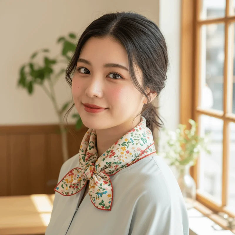 Small Square Scarf with Cherry Flower Print - Elegant Silk Cotton Linen Accessories