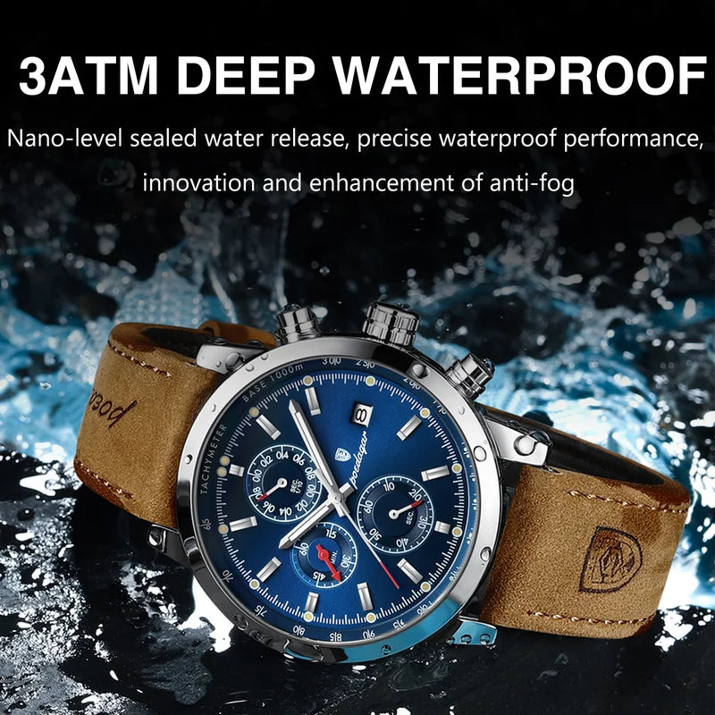 Luxury Men's Waterproof Luminous Chronograph Watch with Leather Strap