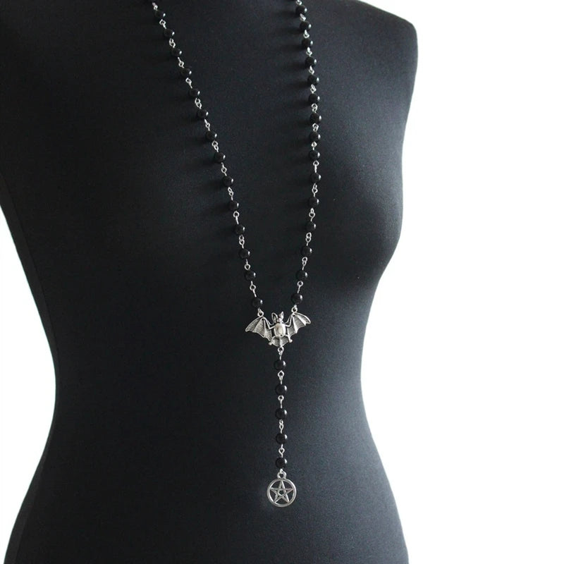 Gothic Bat Pendant Necklace with Star Charm, Halloween Witch Jewelry