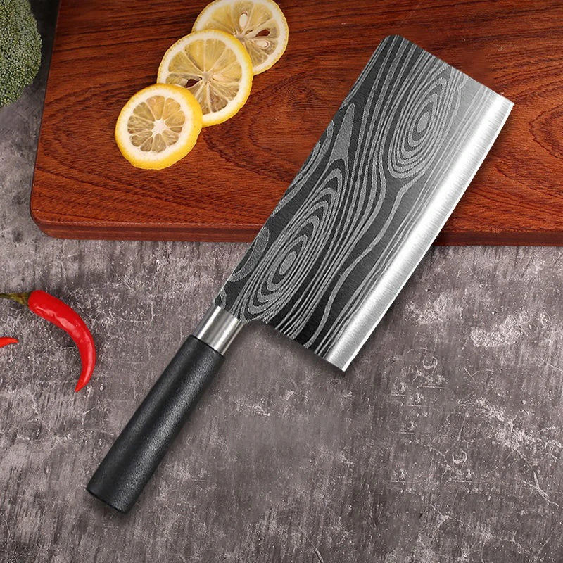 Laser Damascus Pattern Kitchen Utility Chef Knife & Scissors Set - Stainless Steel Sharpener