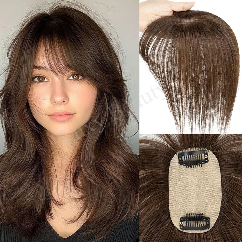 Human Hair Topper with Bangs for Women Clip-In Hairpiece 8-14 Inches, Natural Black Blonde Highlights