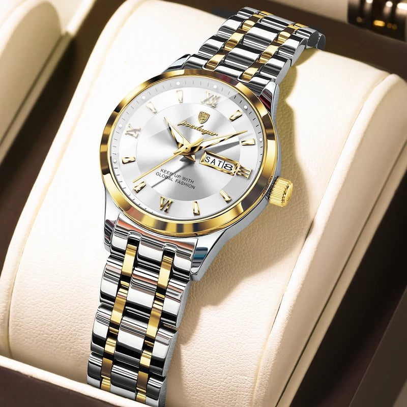 Women’s Quartz Waterproof Stainless Steel Watch with Luminous Dial and Date Function