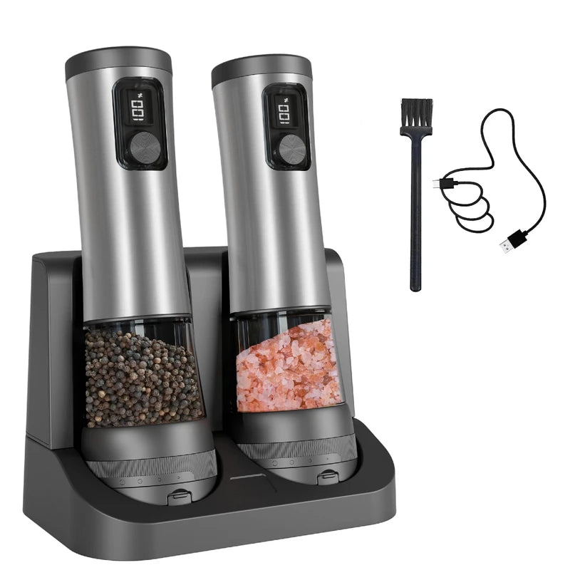Electric Salt and Pepper Grinder Set with Adjustable Coarseness, LED Display, One-Handed Operation