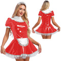 Women Men Maid Cosplay Dress with Apron - Glossy Patent Leather Nightwear Costume