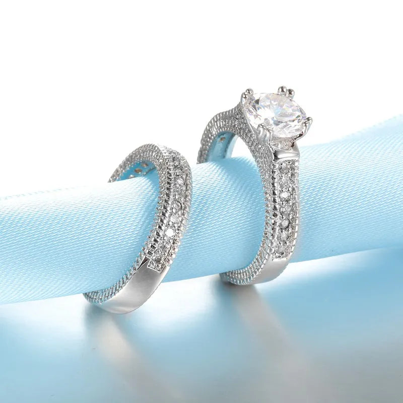 Elegant Wedding Engagement Ring Set - 925 Sterling Silver with Cubic Zirconia