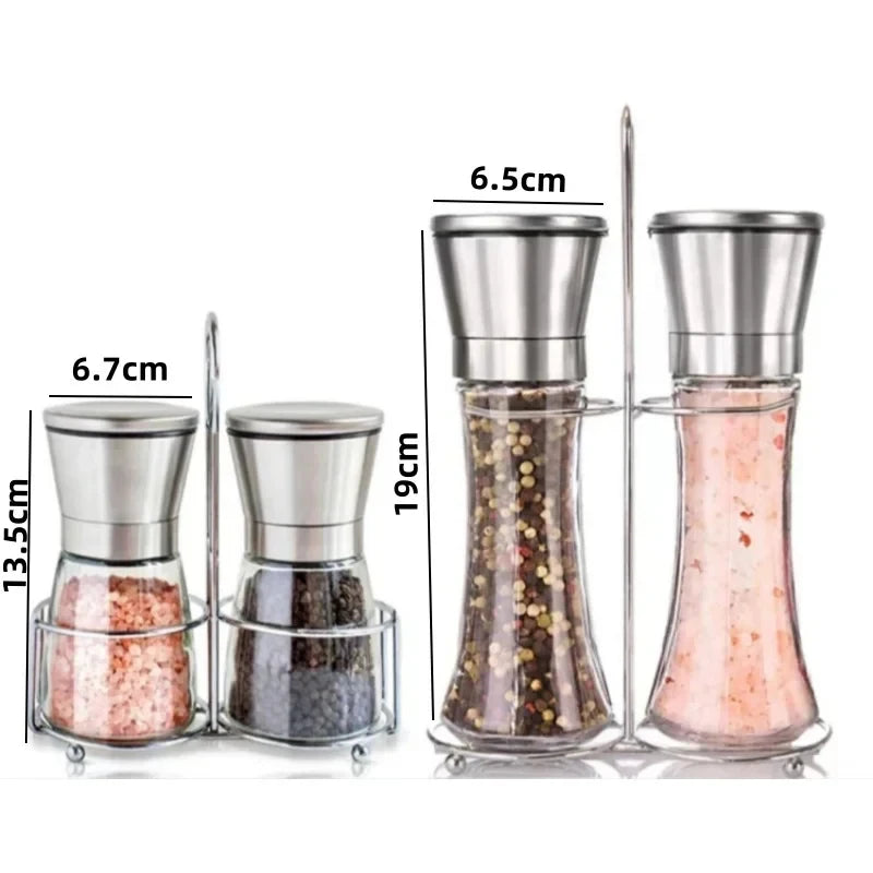 Manual Salt and Pepper Grinder Set - 180/200ML Stainless Steel Glass Spice Bottles for Kitchen