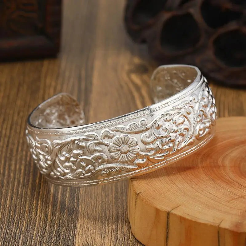 Bohemian Ethnic Wide Silver Bracelet for Women Carved Flower Fashion Jewelry
