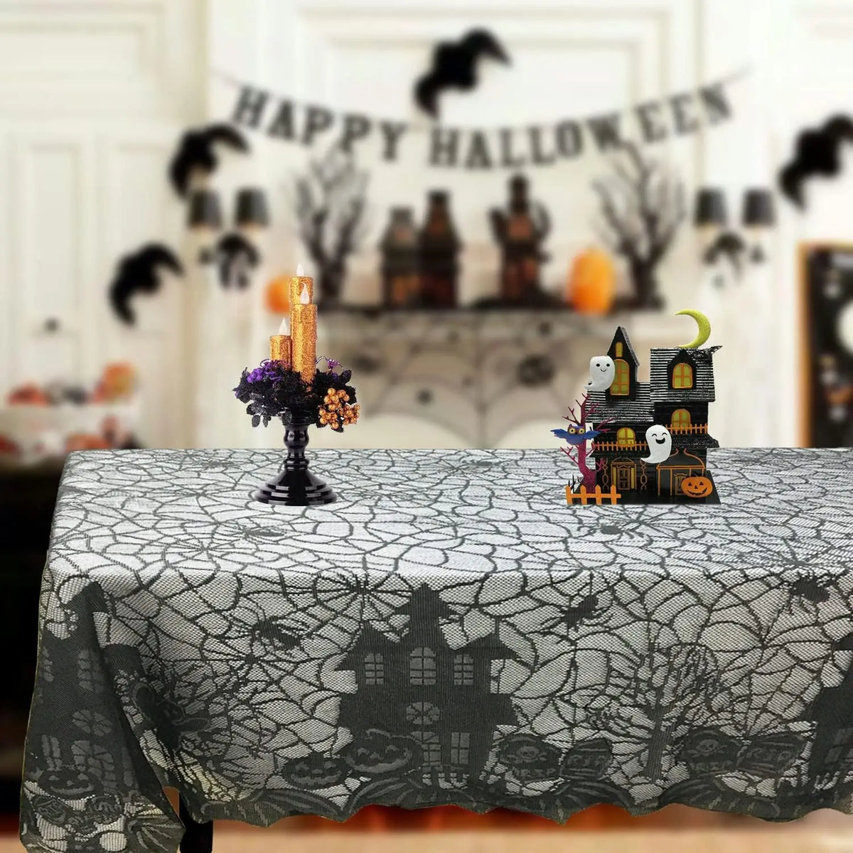 Halloween Lace Table Runner with Spider Web Design for Home Decor