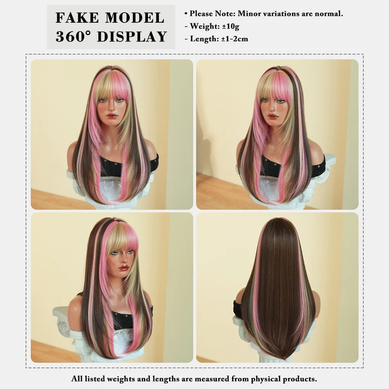 Colorful Long Straight Wig for Women with Bangs - Natural Look, Heat-Resistant Synthetic Hair