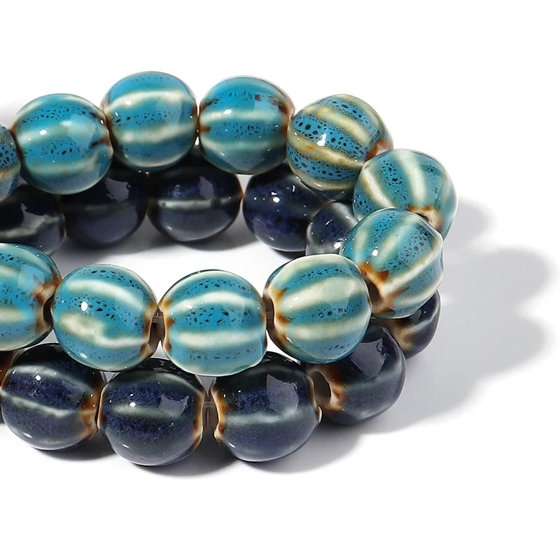 Pumpkin Shape Stripe Ceramic Beads for Jewelry Making - Colorful Floral Glaze, 11.5mm, 1 Strand