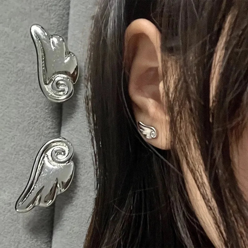 Angel Wings Earrings - Frosted Silver Studs for Women, Vintage Y2K Jewelry