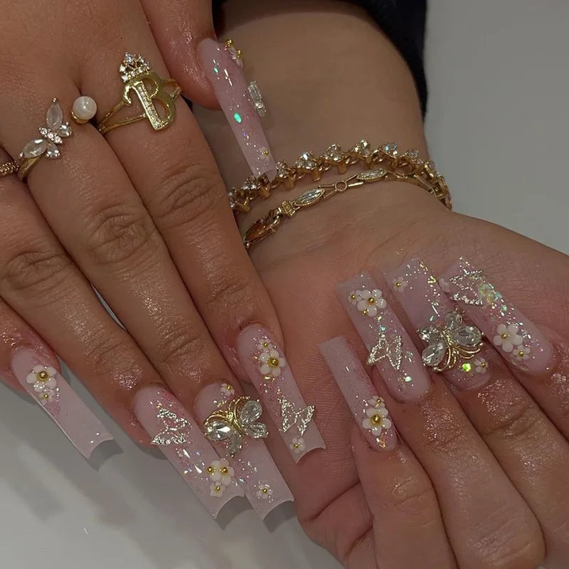 24Pcs Long Square French Fake Nail Tips with 3D Love Heart & Rhinestone Design