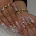 24Pcs Long Square French Fake Nail Tips with 3D Love Heart & Rhinestone Design