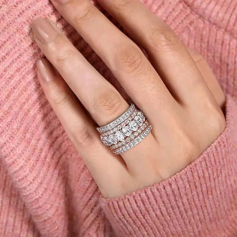 Luxury Two-Tone Wide Ring for Women Cubic Zirconia Party Jewelry