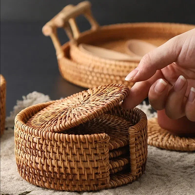 Rattan Cup Coasters Set 6 Pcs Drink Placemat for Tea & Tableware