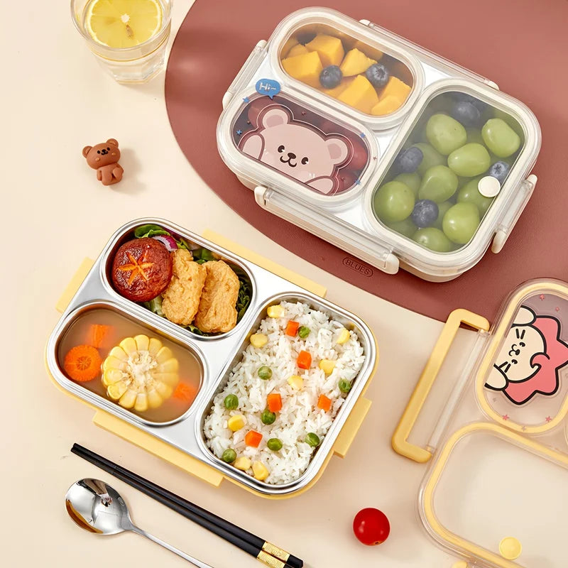 Portable Bento Box with 2/3/4 Grid Sections, Leak-Proof Stainless Steel Lunch Container for Kids