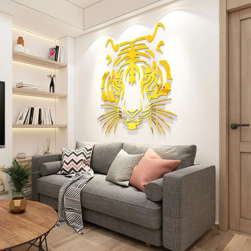 3D Tiger Head Wall Mirror Sticker - Self-Adhesive Acrylic Wall Art for Living Room