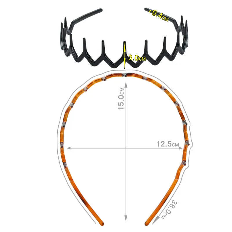 2PCS Black Amber Wave Long Teeth Headband Anti-Fall Resin Plastic Non-Slip Face Wash Headband for Men Women