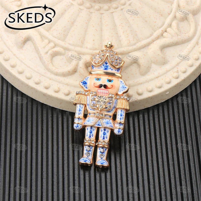 Christmas Nutcracker Brooch - Blue & White Porcelain Style Lapel Pin Gift