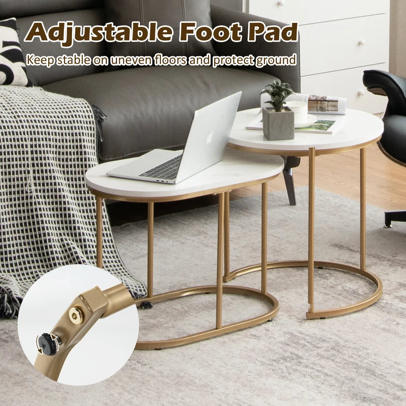Nesting Coffee Tables Set of 2 Modern Marble & Metal Side Tables for Living Room