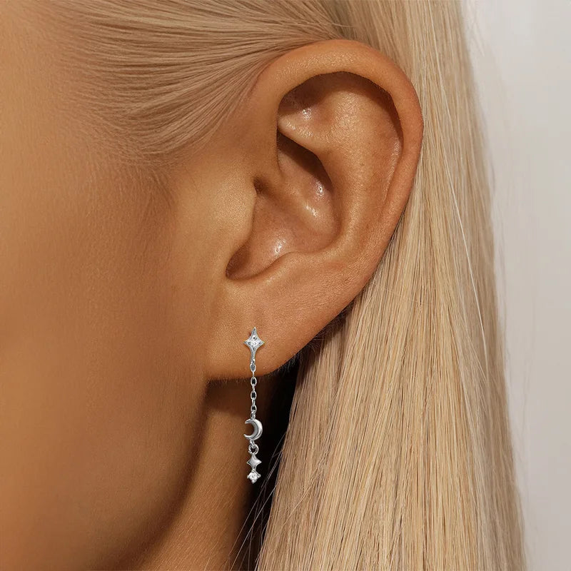Sterling Silver Horse Earring with Zircon Star Flower Geometric Design - Women’s Stud Jewelry